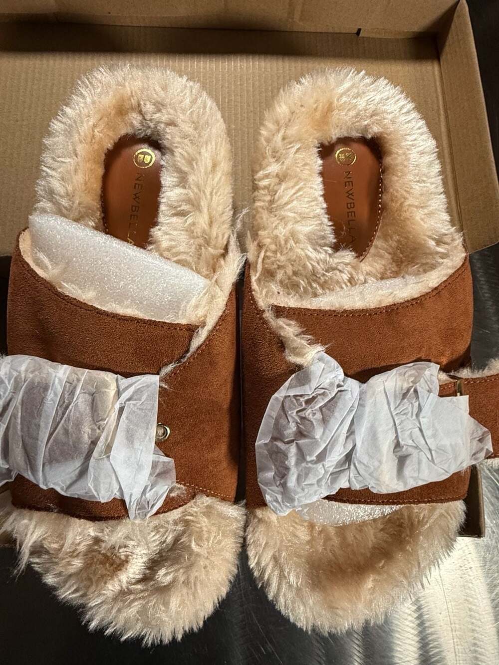 Newbella Faux Fur Lined Suede Slide Sandals Brown Size 7